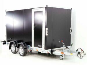 Vezeko Koffer-Absenkanhänger 157x344cm Höhe: 210cm 2,7t | Tür | E-Pumpe | Schwarz-Neu